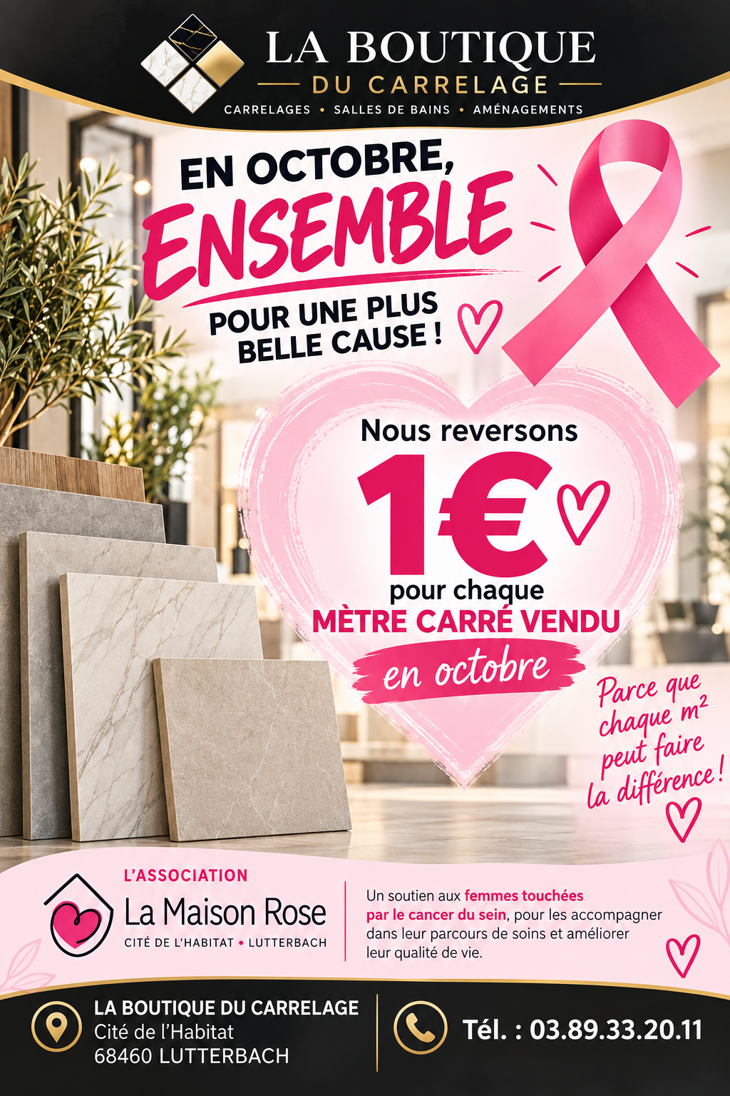 Octobre Rose : La Boutique du Carrelage s&rsquo;engage aux c&ocirc;t&eacute;s de La Maison Rose Riedisheim